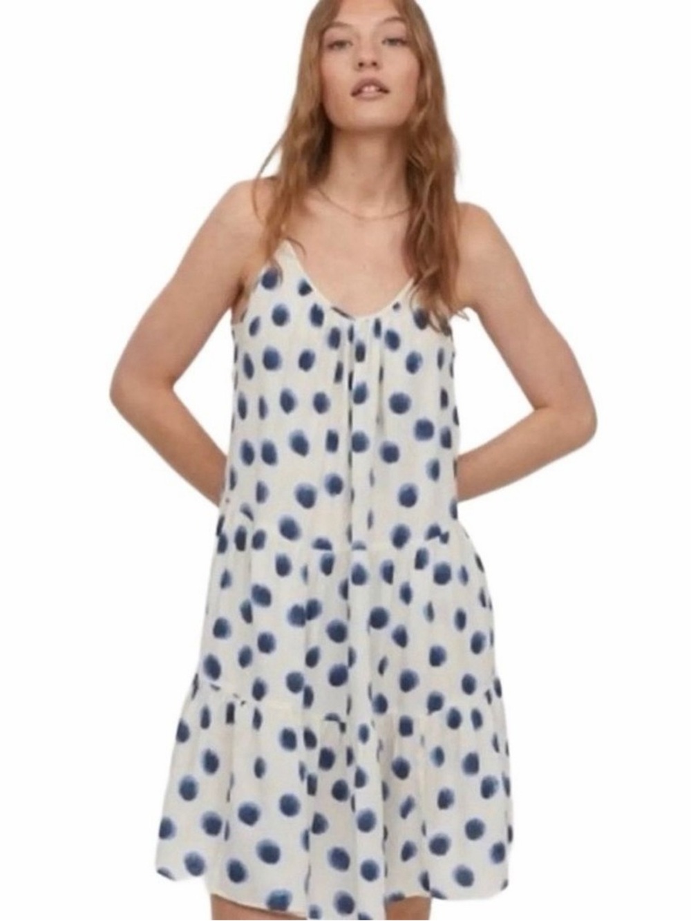 H&M White Blue Polka Dot Tiered Dress Size S 100% Viscose